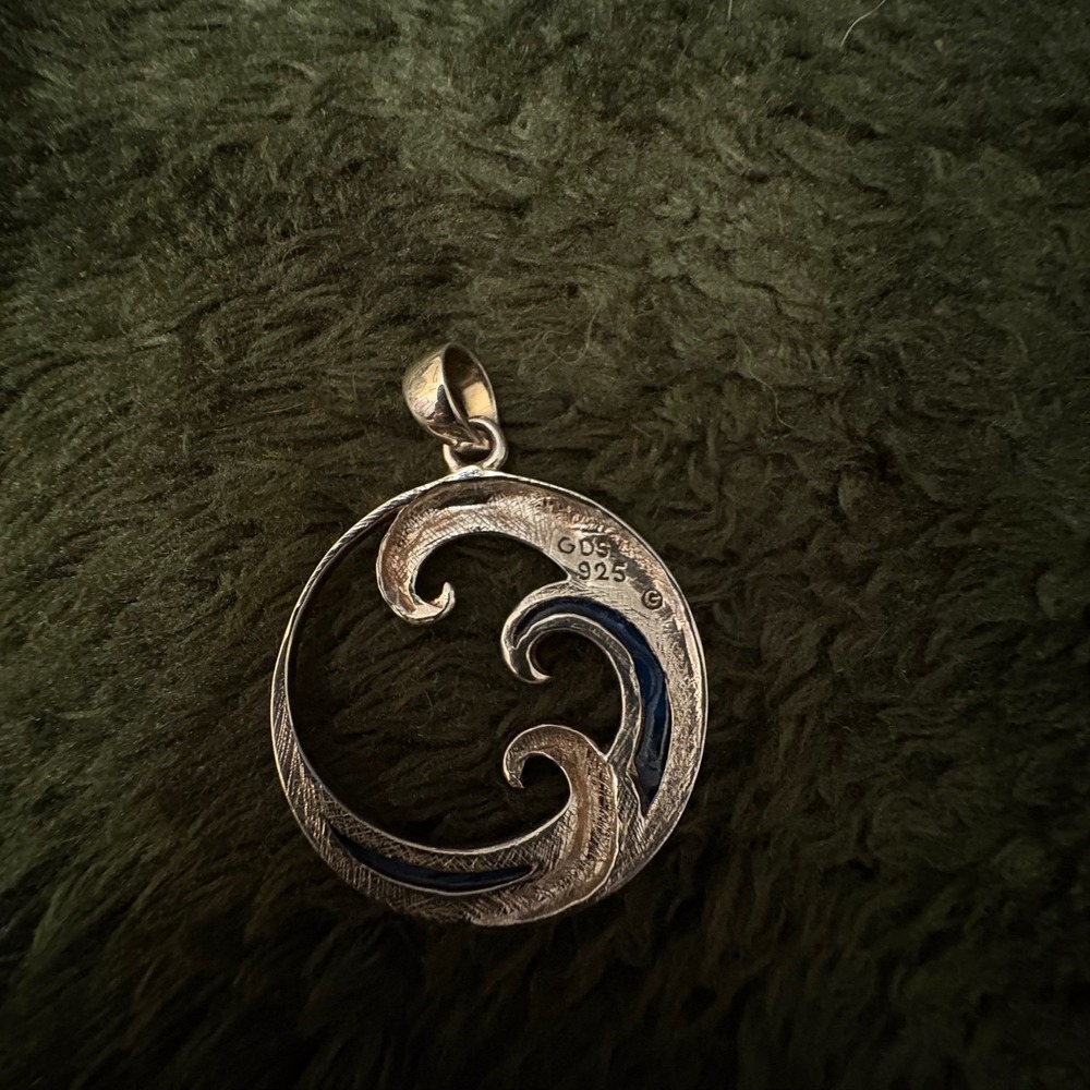 .925 Sterling Silver Wave‎ Pendant Blue Inlay Ocean Wave Nautical - Picture 3 of 5
